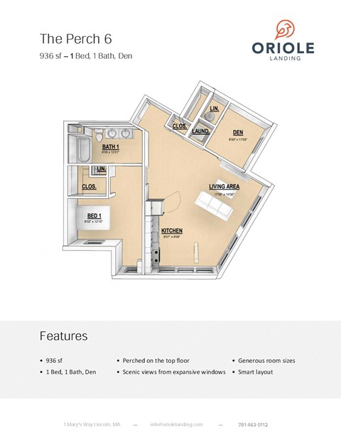 1 bedroom 1 bathroom floor plan D at Oriole Landing, Lincoln